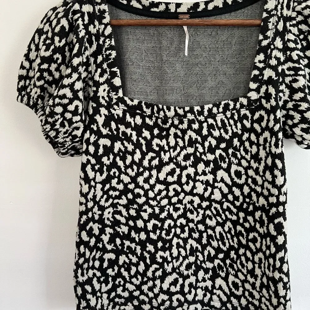 Free People No Type Leopard Print Square Neck Puff Sleeve Top Women's Small